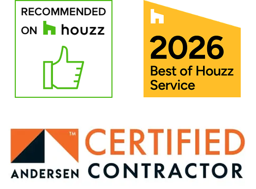 recommended on houzz, andersen certified contractor and 2026 best of houzz service badges