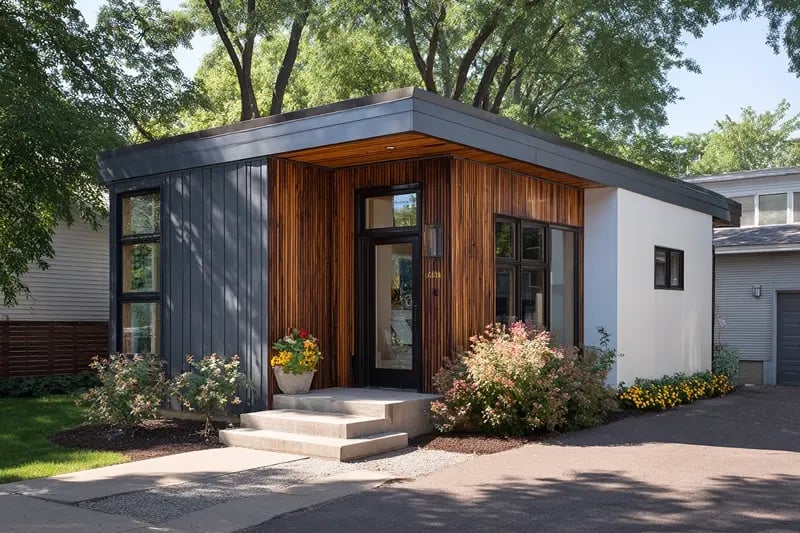 Modern accessory dwelling unit exterior with cedar siding, flat roof, and black window frames surrounded by landscaping
