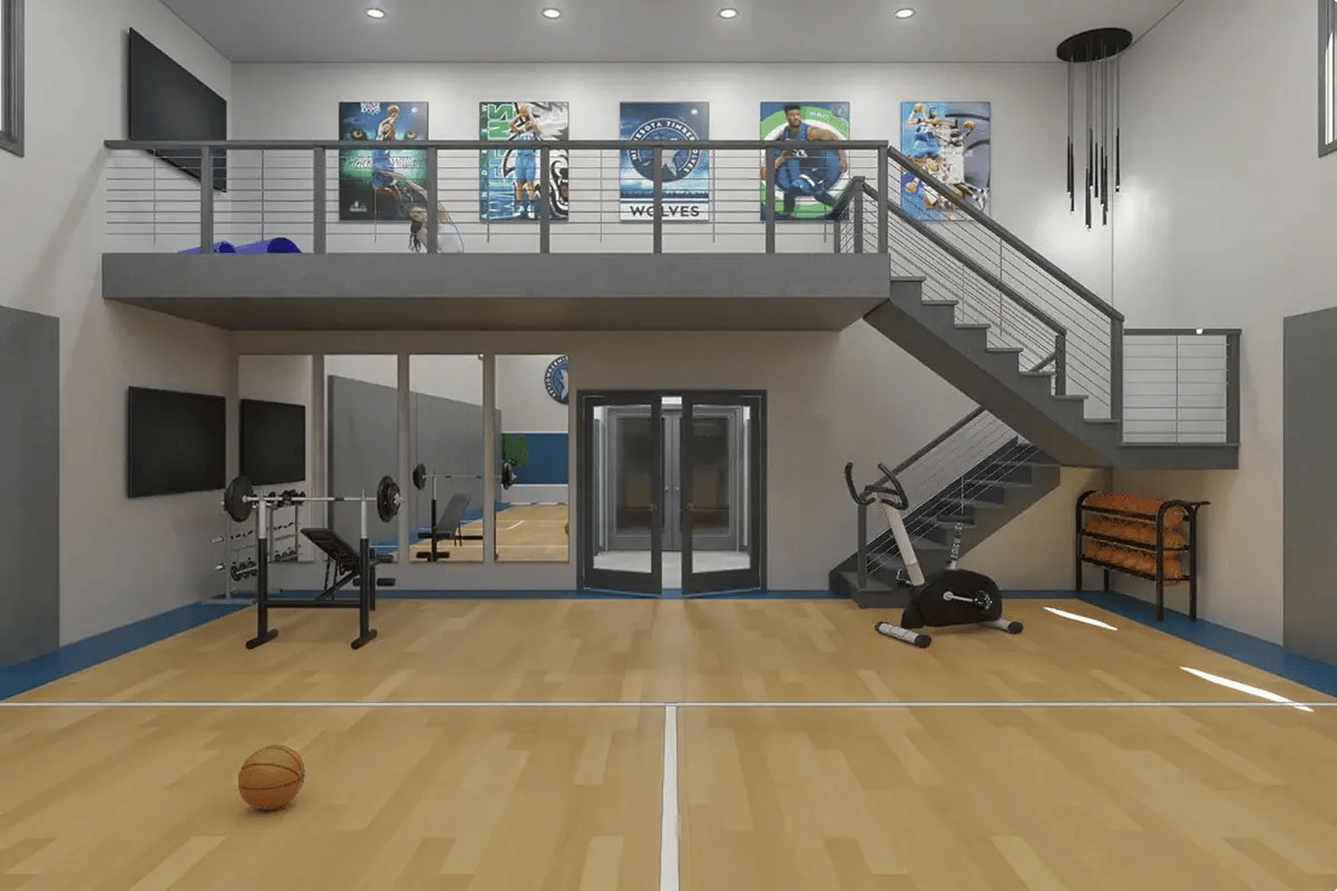 3D rendering of custom indoor sport court with hardwood basketball floor, upper mezzanine gym, and wall-mounted TV in Minnesota home