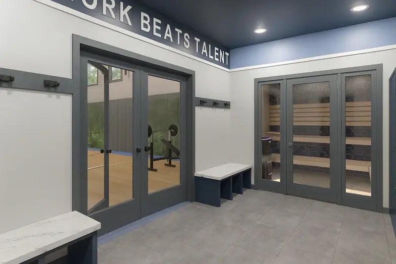 A rendering of an indoor wellness gym featuring a indoor sport court, weights and sauna