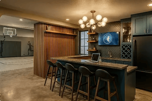 Custom basement bar with wood slat accent wall, globe chandelier, and adjacent indoor basketball court in Minnesota home
