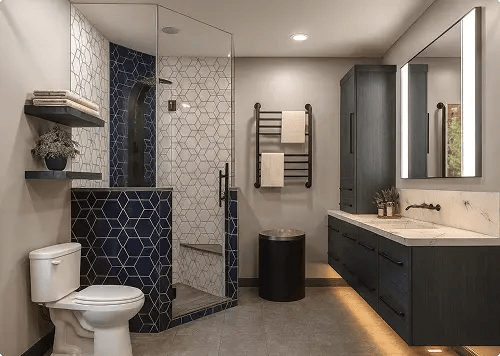 Minnesota bathroom remodel with navy geometric tile shower, floating dark vanity, and heated towel rack