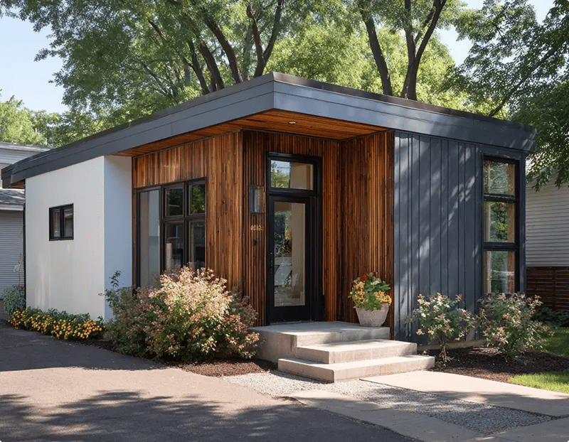 Minnesota accessory dwelling unit with dark board and batten siding, cedar accent entry, and flat roof design