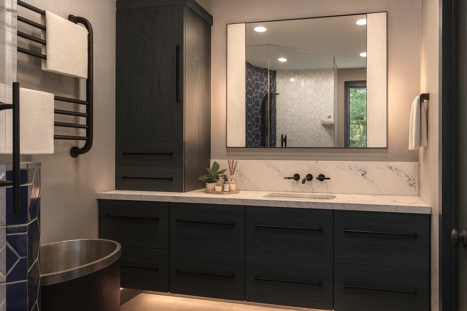 a detailed rendering of a bathroom next to a home gym. the bathroom features amenities like a walk-in shower and cold plunge tub to aid in post-workout relief.