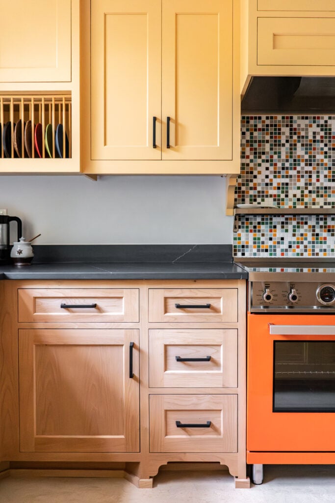 beautiful wooden cabinets with a yellow color