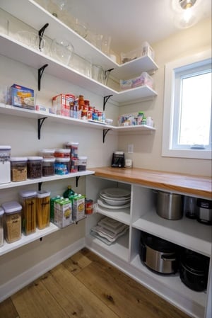 a large pantry with open shelving and a workstation surface
