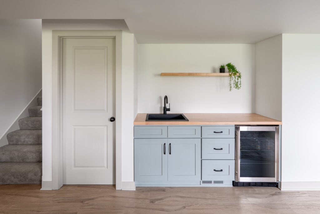 small wet bar with shelving