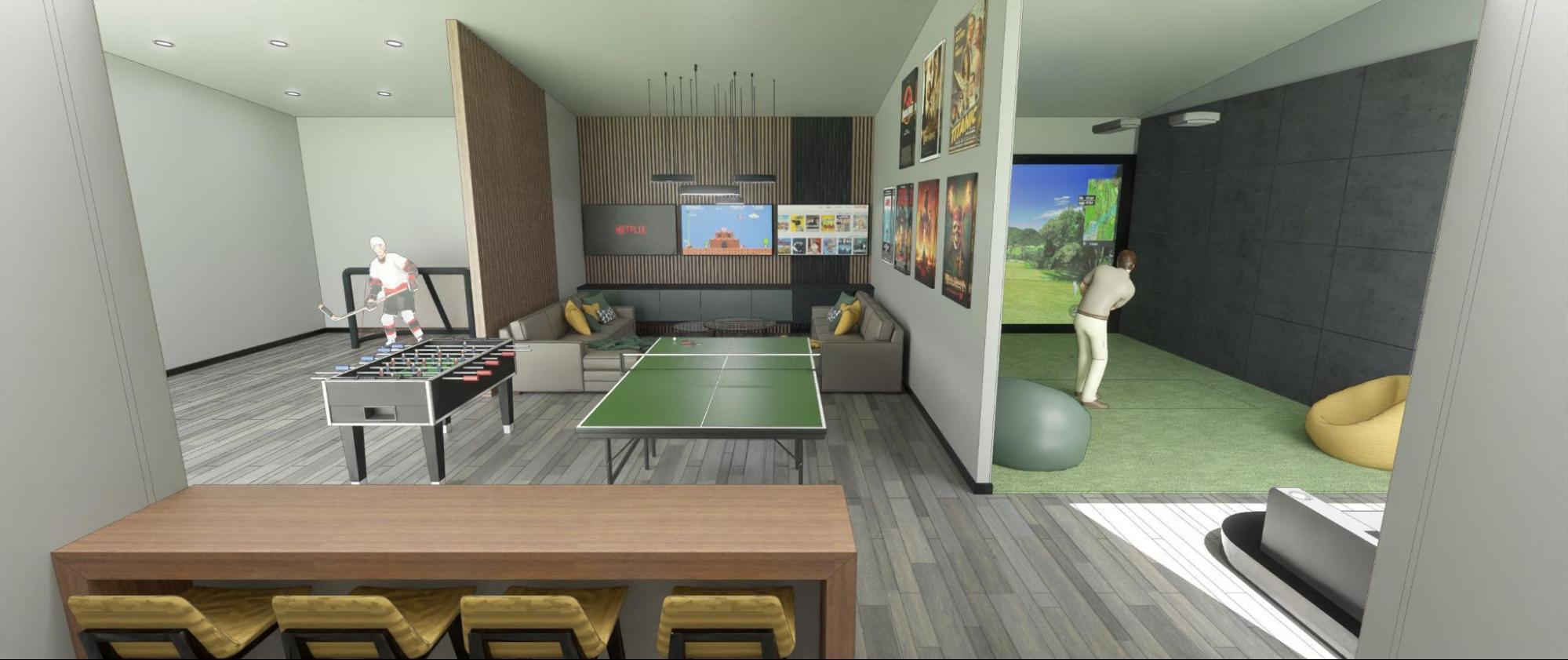 sports complex with hockey golf sim and lounge