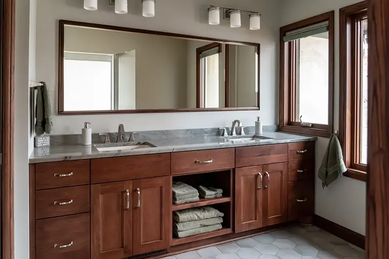 Minnesota bathroom remodel with cherry wood double vanity, marble countertop, and hexagon tile floor