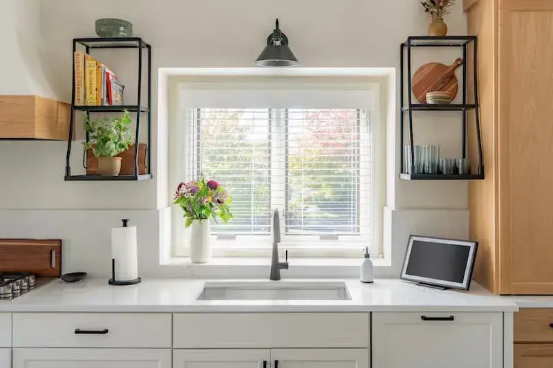 open shelving in natural wood and white kitchen