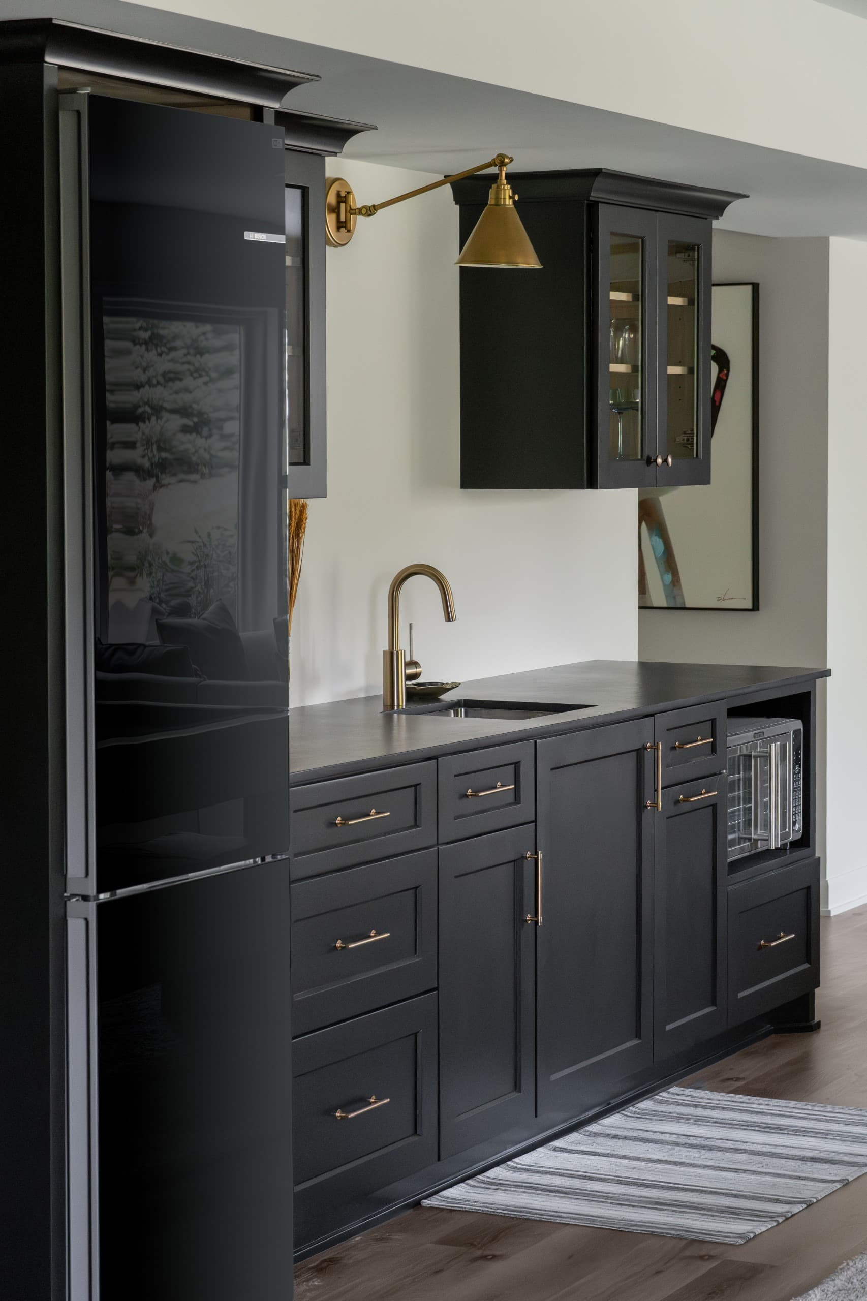 a kitchenette in a basement