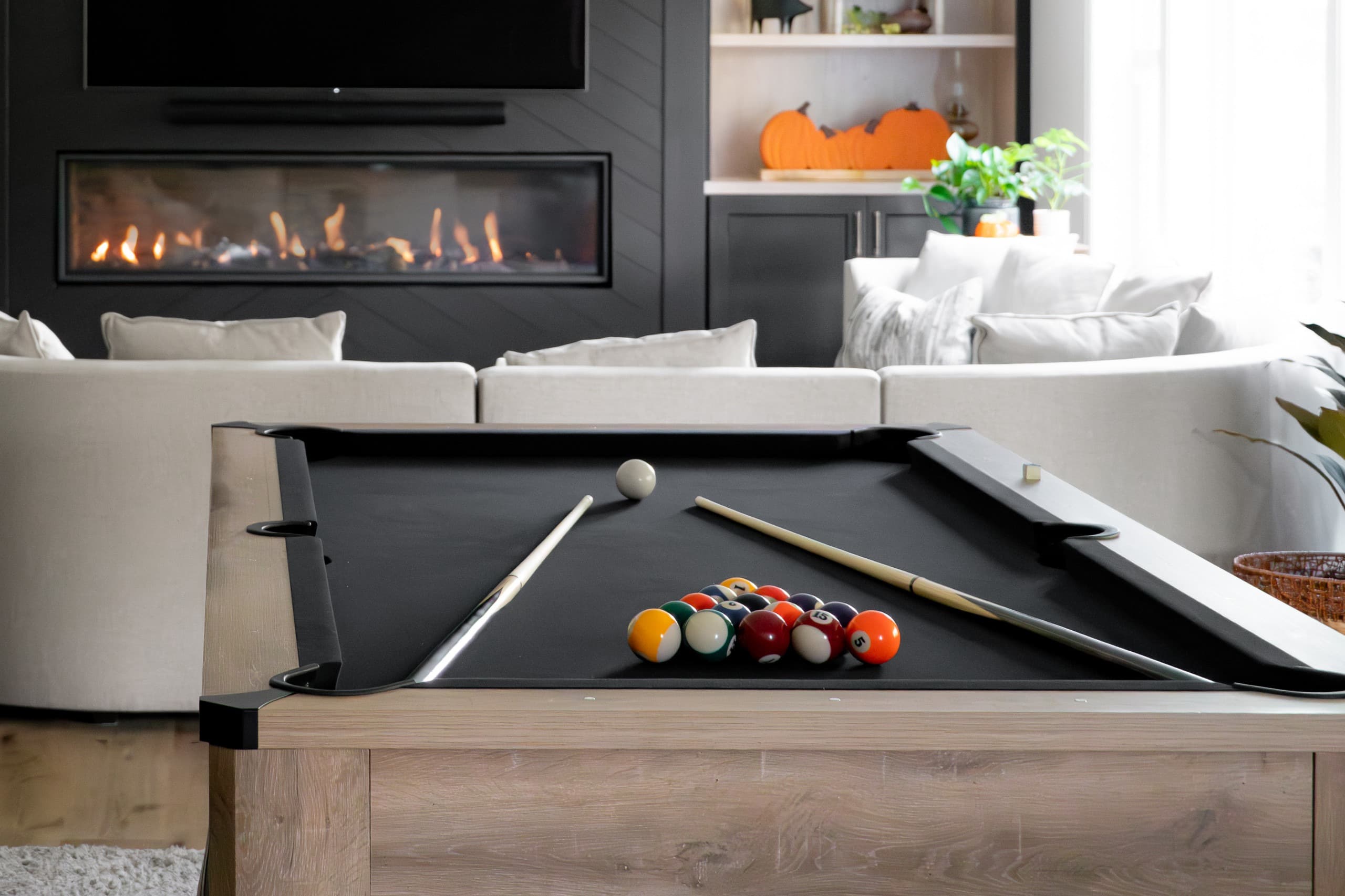 a pool table in a basement