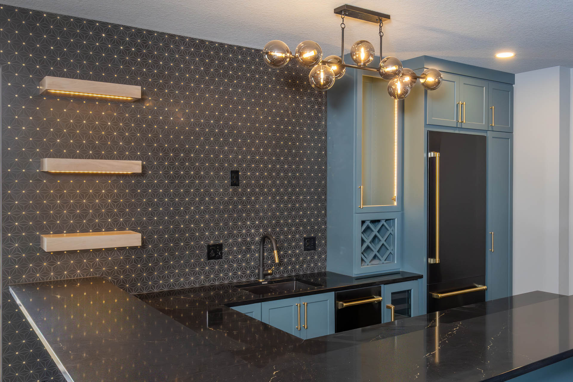 close up of unique wallpaper inside kitchen area